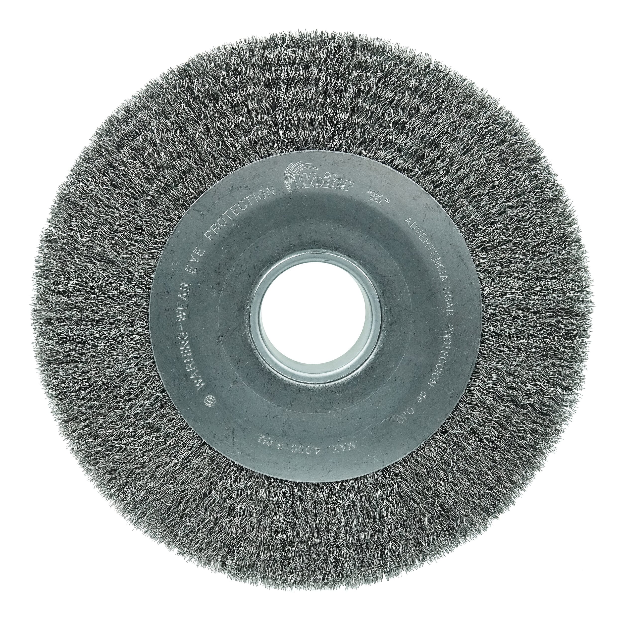 Weiler® 03190 Wide Face Wheel Brush, 10 in Dia Brush, 2 in W Face, 0.0118 in Dia Crimped Filament/Wire, 2 in Arbor Hole